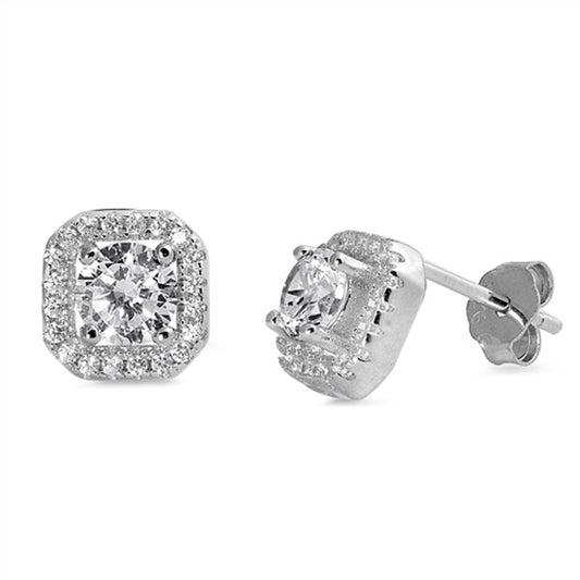 Sparkly Studded Square Classic Simulated Clear CZ Stud Earrings – Sterling Silver