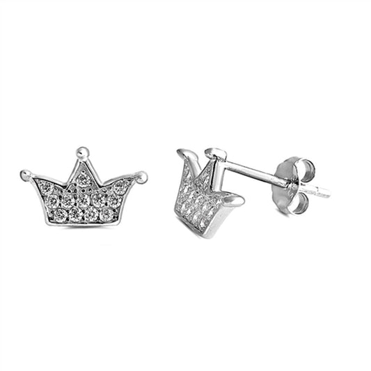 Studded Tiny Crown Royalty Simulated Clear CZ Stud Earrings – Sterling Silver