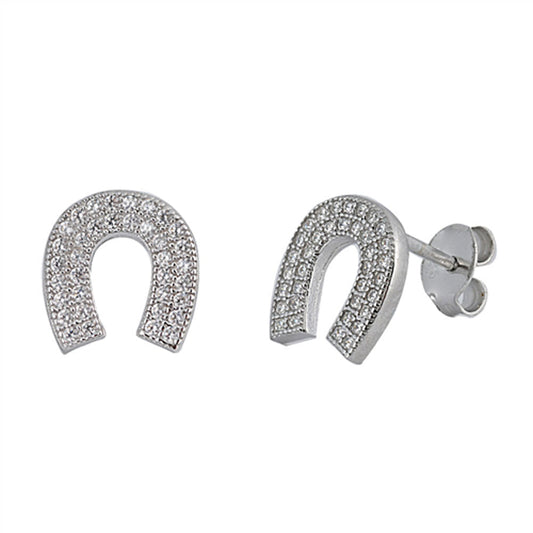 Animal Tiny Studded Horseshoe Lucky Clear CZ Stud Earrings – Sterling Silver