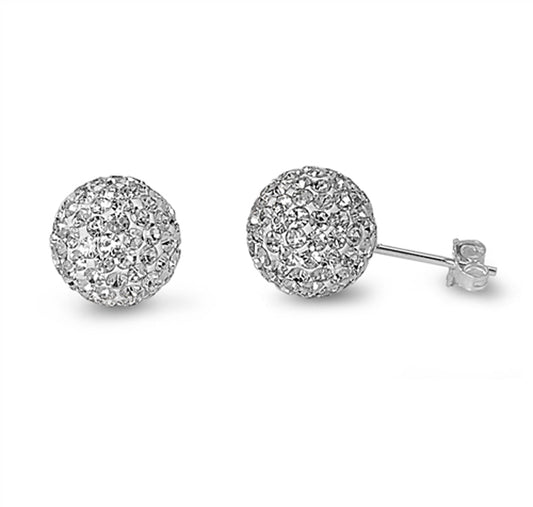 Studded Sphere Disco Ball Round Micro Clear CZ Stud Earrings – Sterling Silver