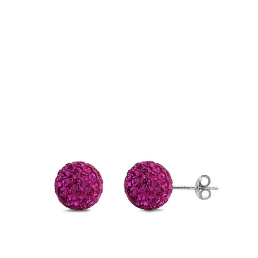 Fuchsia Rhinestone Studded Ball Stud Earrings – Sterling Silver