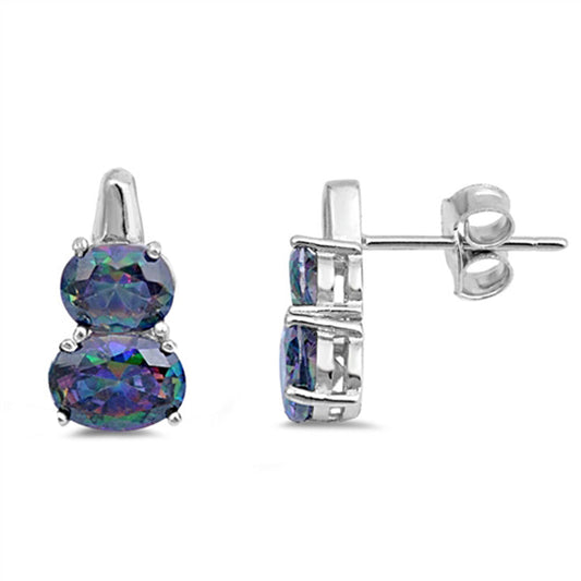 Stacked Oval Simple Simulated Topaz Rainbow CZ Post Earrings – Sterling Silver