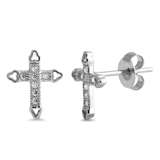 Cross Studded Traditional Elegant Victorian Clear CZ Stud Earrings – Sterling Silver