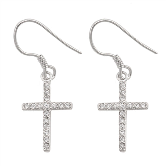 Simple Dangling Cross Studded Cluster Elegant Clear CZ Stud Earrings – Sterling Silver