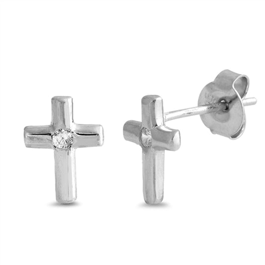 High Polish Cross Traditional Simple Classic Clear CZ Earrings – Sterling Silver