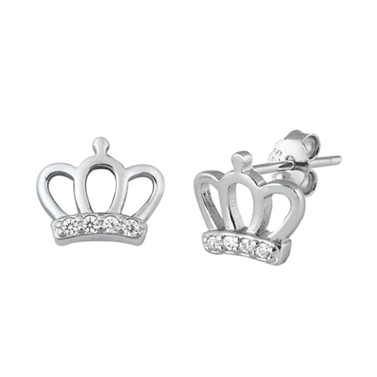 Royal Crown Outline Queen Studded Clear CZ Stud Earrings – Sterling Silver