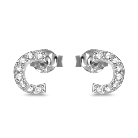 Simple Curve Semi Circle Studded Modern Clear CZ Stud Earrings – Sterling Silver