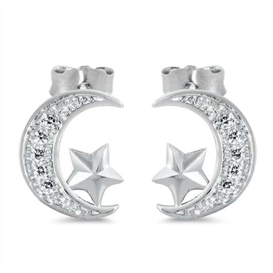 Studded Crescent Moon Star Bow Celestial Clear CZ Stud Earrings – Sterling Silver