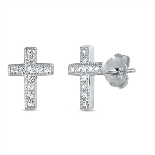 Classic Studded Cross Elegant Faith Micro Clear CZ Stud Earrings – Sterling Silver