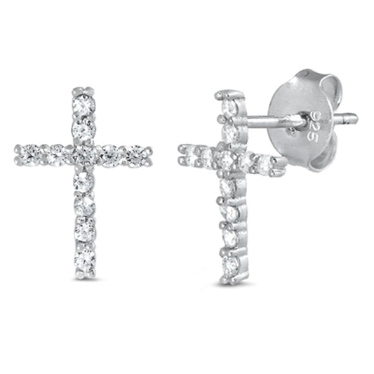 Simple Modern Cross Studded Elegant Classic Clear CZ Stud Earrings – Sterling Silver