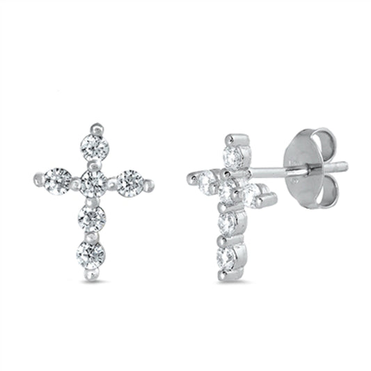Simple Cross Elegant Studded Traditional Clear CZ Stud Earrings – Sterling Silver