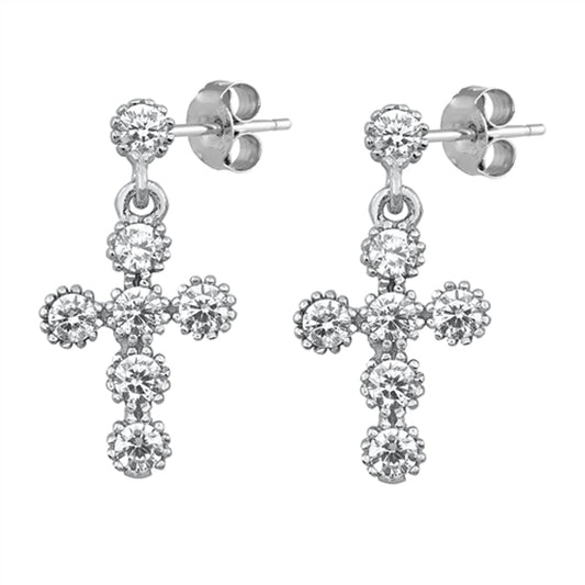 Studded Cross Flower Ornate Christian Clear CZ Dangle Earrings – Sterling Silver