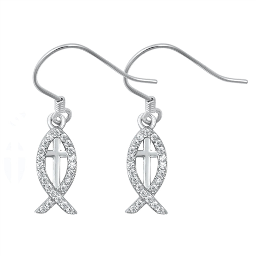 Classic Ichthus Cross Fish Christianity Faith Clear CZ Earrings – Sterling Silver