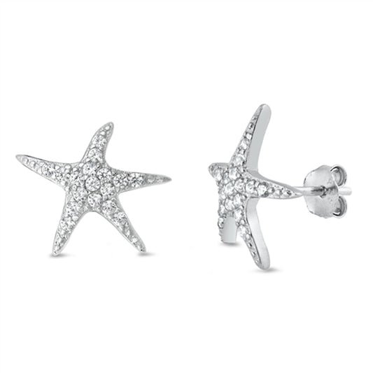 Studded Starfish Star Animal Beach Ocean Clear CZ Stud Earrings – Sterling Silver