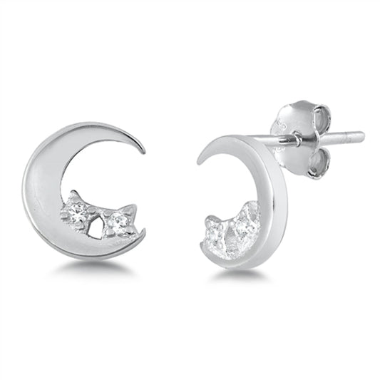 High Polish Crescent Moon Studded Elegant Clear CZ Stud Earrings – Sterling Silver