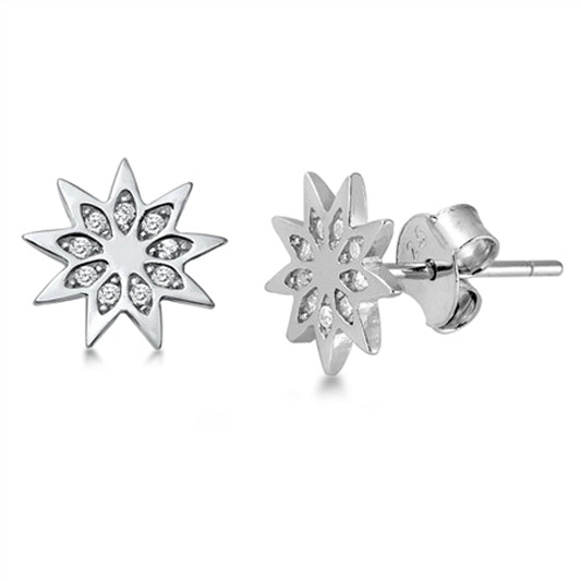 Modern Snowflake Star Burst Mandala Clear CZ Earrings – Sterling Silver