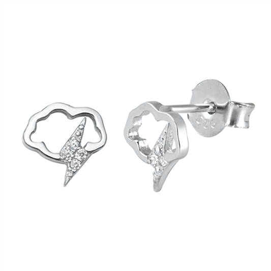 Lighting Bolt Storm Cloud Outline Modern Clear CZ Earrings – Sterling Silver
