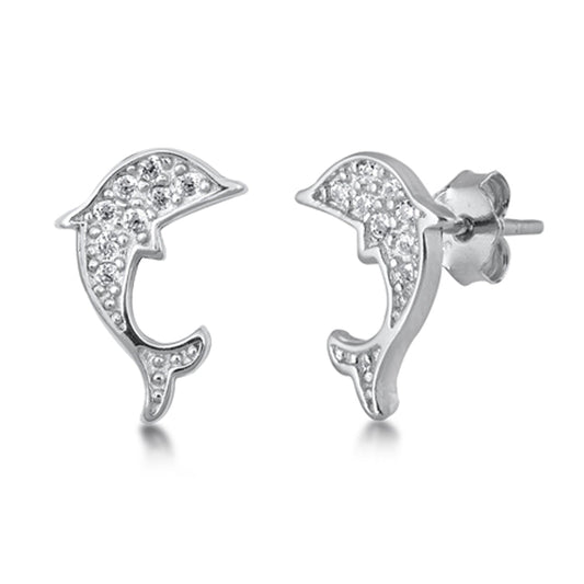 Studded Dolphin Animal Ocean Beach Clear CZ Stud Earrings – Sterling Silver
