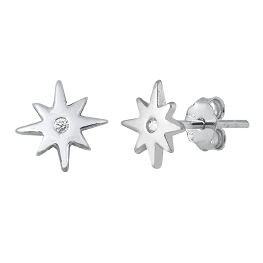 Vintage Star Burst Minimalist Studded Sun Clear CZ Stud Earrings – Sterling Silver