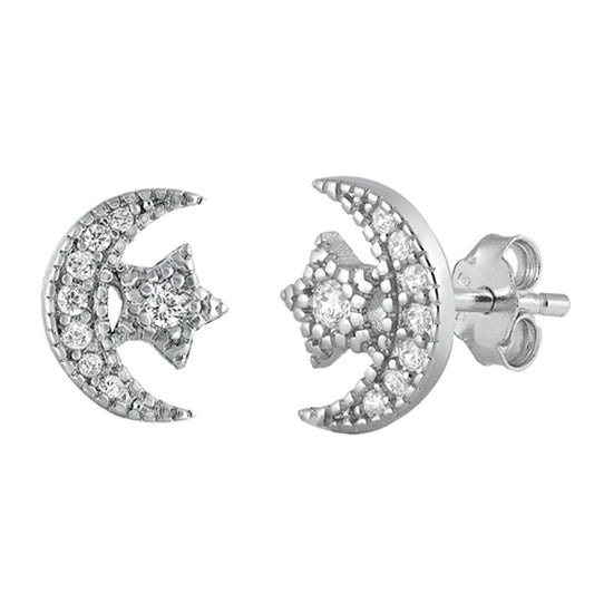 Crescent Moon Star Night Mystic Celestial Clear CZ Earrings – Sterling Silver