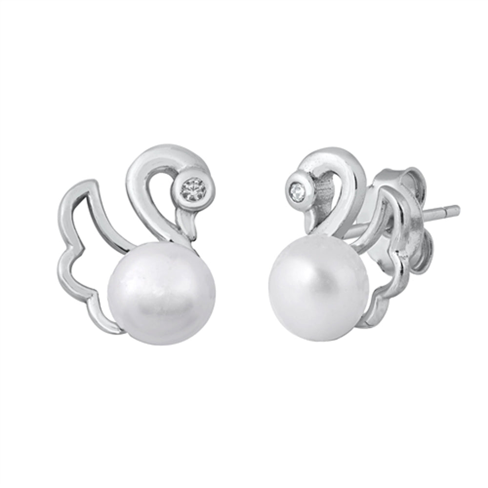 Bird Swan Animal Freshwater Simulated Pearl Earrings – Sterling Silver