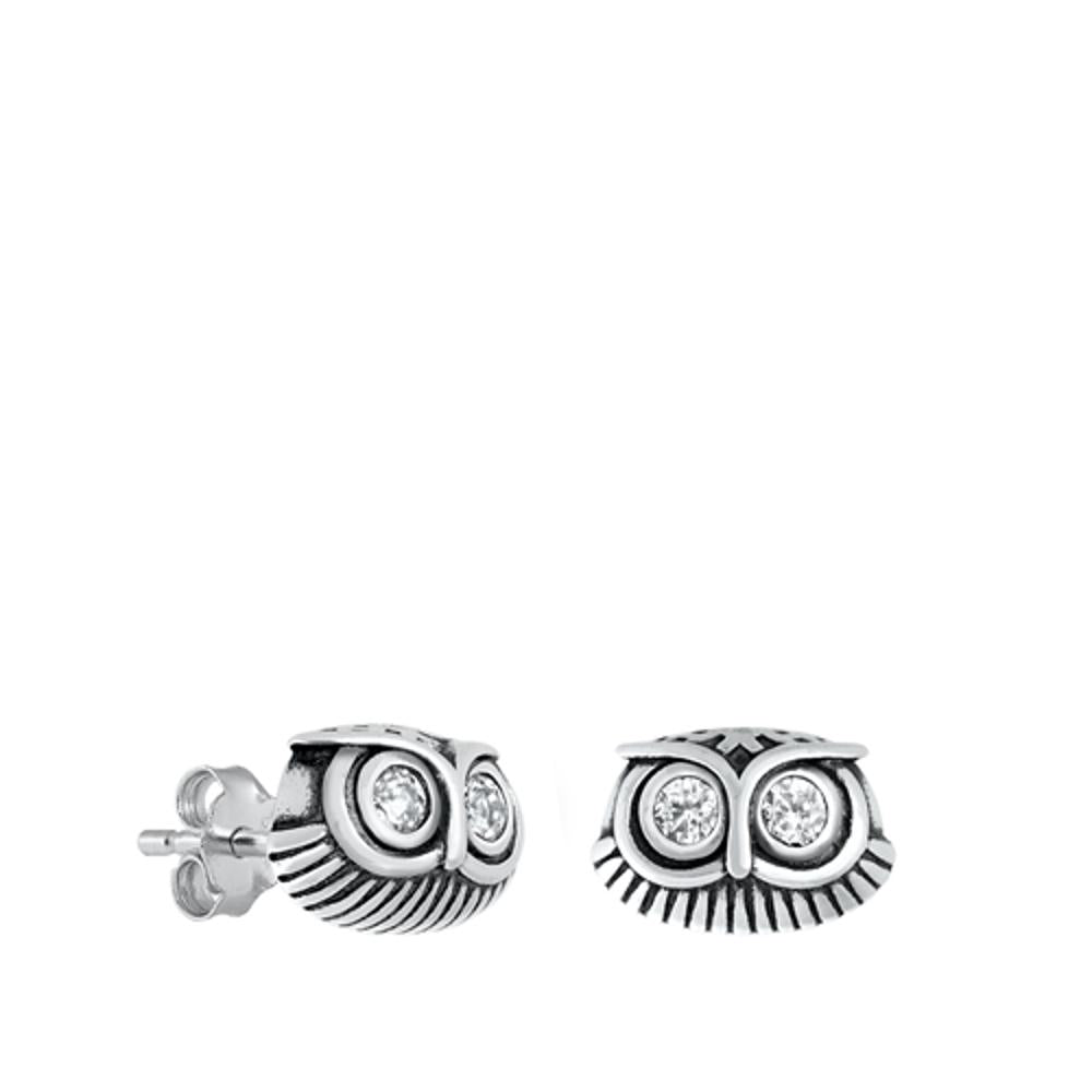 Polished Oxidized Owl Clear CZ Earrings – Sterling Silver