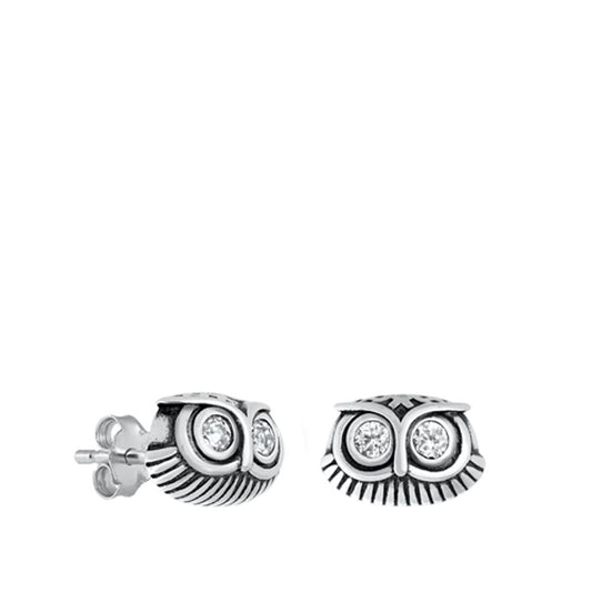Polished Oxidized Owl Clear CZ Earrings – Sterling Silver