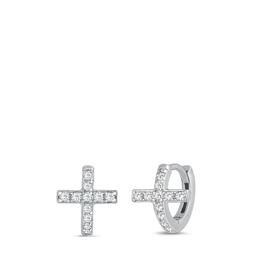 Elegant Cross Christian Clear CZ Hoop Earrings – Sterling Silver