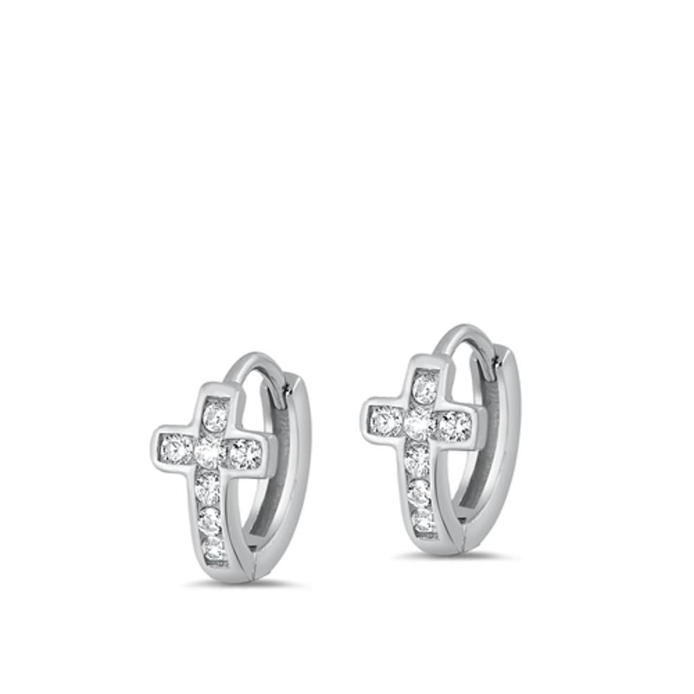 Cross Christian Clear CZ Huggie Hoop Earrings – Sterling Silver