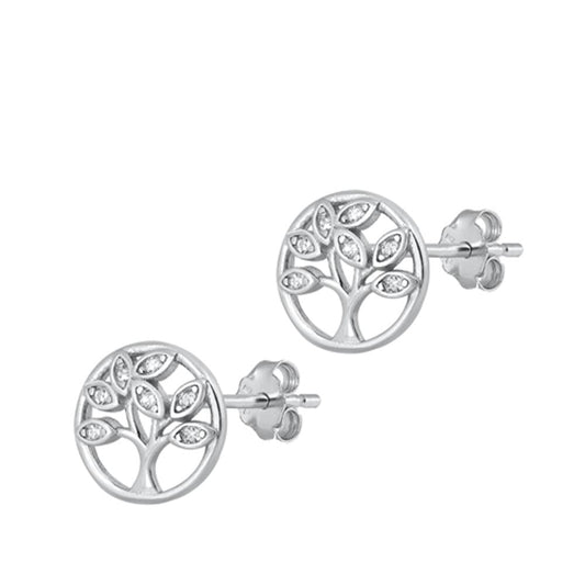 Classic Round Circle Tree of Life Clear CZ Earrings – Sterling Silver