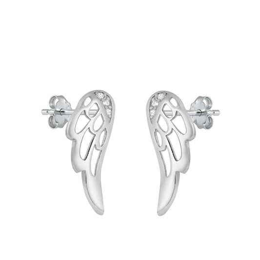 High Polished Angel Wings Clear CZ Stud Earrings – Sterling Silver