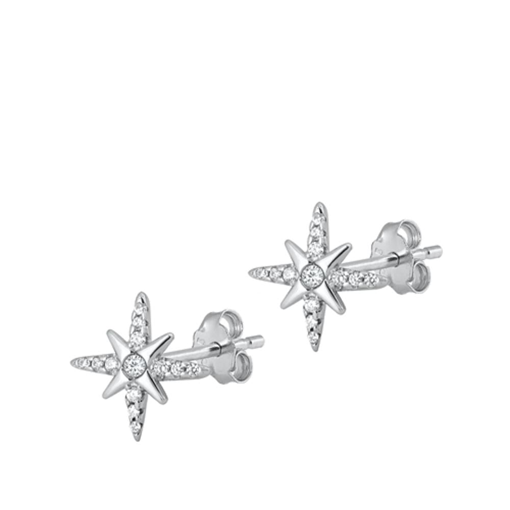 Polished Vintage Style Shining Burst North Clear CZ Earrings – Sterling Silver