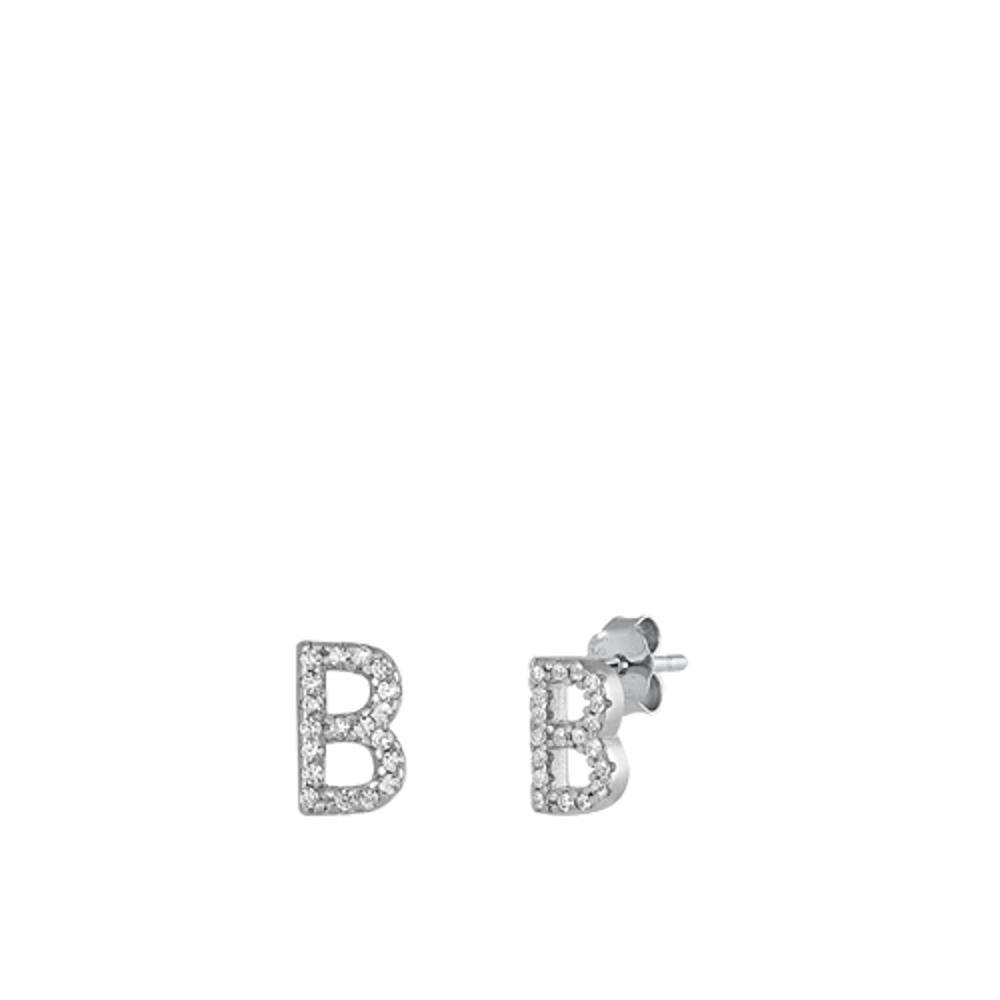 Flashy Block Letter B Initial Clear CZ Earrings – Sterling Silver