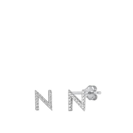 Flashy Classic Block Letter N Initial Clear CZ Earrings – Sterling Silver