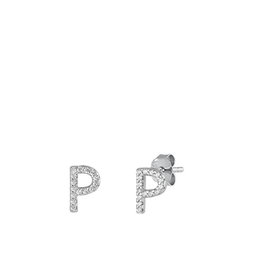 Block Letter P Initial Clear CZ Earrings – Sterling Silver