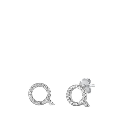 Flashy Block Letter Q Initial Clear CZ Earrings – Sterling Silver