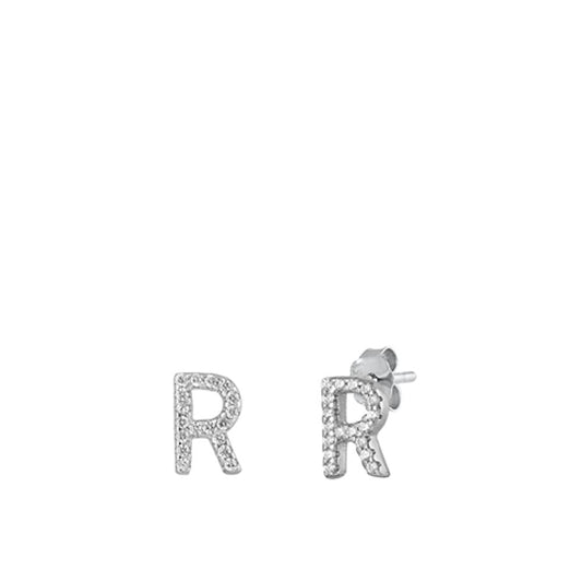 Flashy Unique Block Letter R Initial Clear CZ Earrings – Sterling Silver