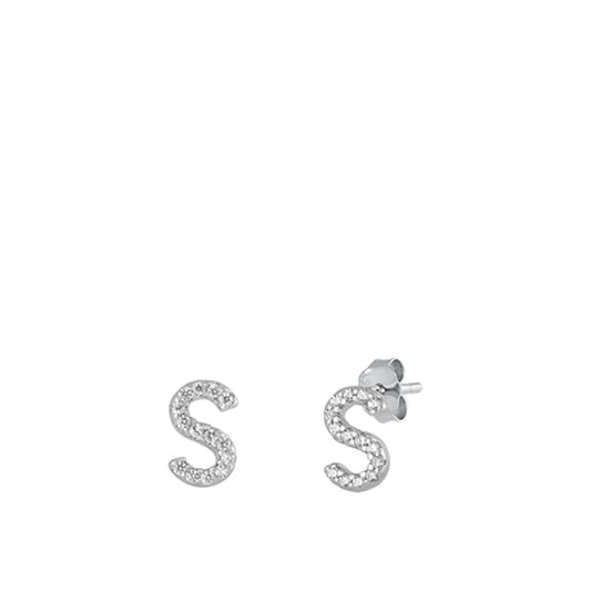 Flashy Block Letter S Initial Clear CZ Earrings – Sterling Silver