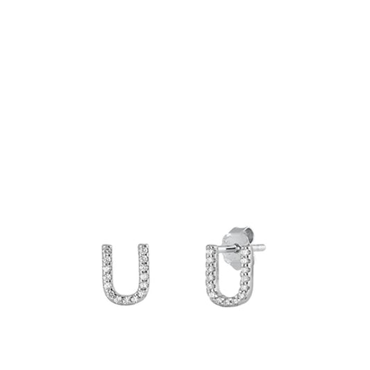 Flashy Unique Block Letter U Initial Clear CZ Earrings – Sterling Silver
