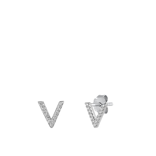 Flashy Unique Block Letter V Initial Clear CZ Earrings – Sterling Silver