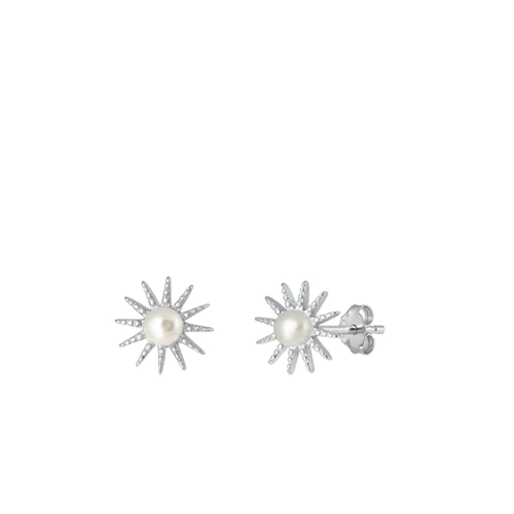 Classic Freshwater Sun High Polished Simulated Pearl Earrings – Sterling Silver