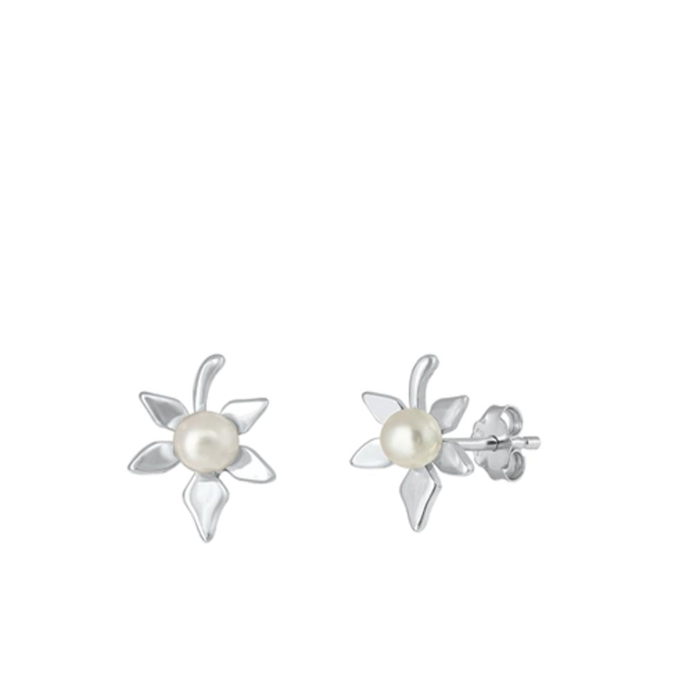 Polished Freshwater Flower High Simulated Pearl Earrings – Sterling Silver