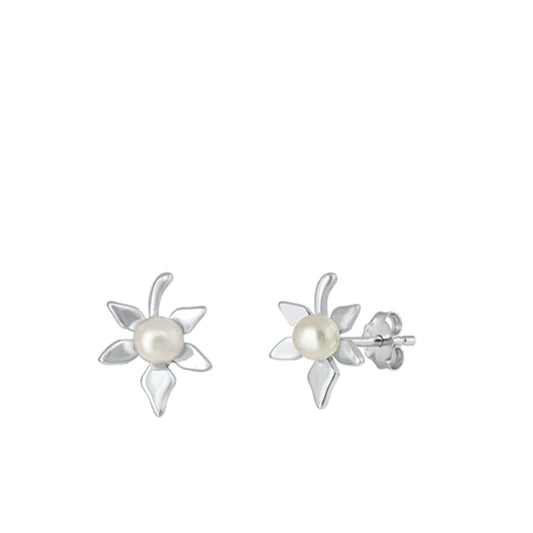 Polished Freshwater Flower High Simulated Pearl Earrings – Sterling Silver