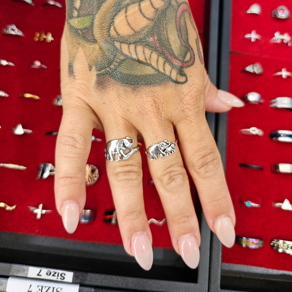 Customer wearing Sterling Silver Elephant Ring at a My Ring Guru show