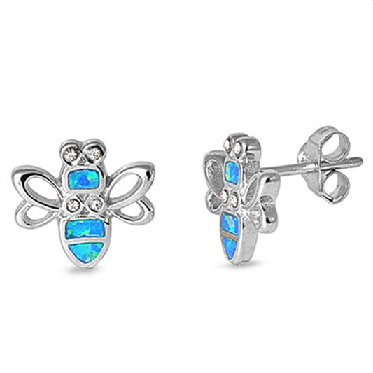 Minimalist Animal Modern Bumble Bee Studded Blue Lab Opal Stud Earrings – Sterling Silver