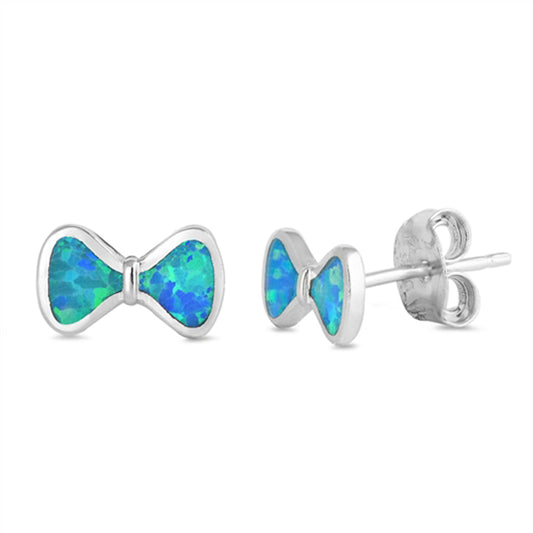 High Polish Bow Ribbon Simple Blue Lab Opal Earrings – Sterling Silver