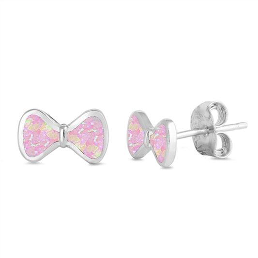 Simple Bow High Polish Ribbon Pink Lab Opal Earrings – Sterling Silver