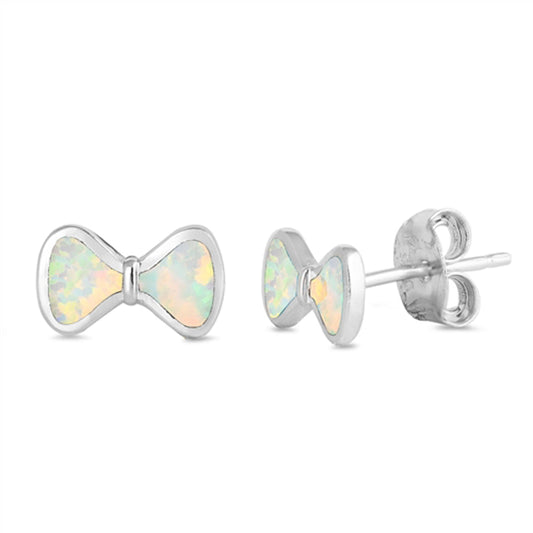 Simple Bow Ribbon Classic White Lab Opal Earrings – Sterling Silver