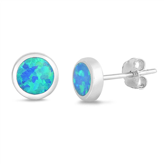 Simple Circle Round Modern Blue Lab Opal Earrings – Sterling Silver