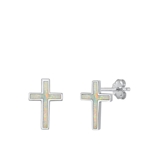 High Polish Cross Simple Elegant White Lab Opal Earrings – Sterling Silver